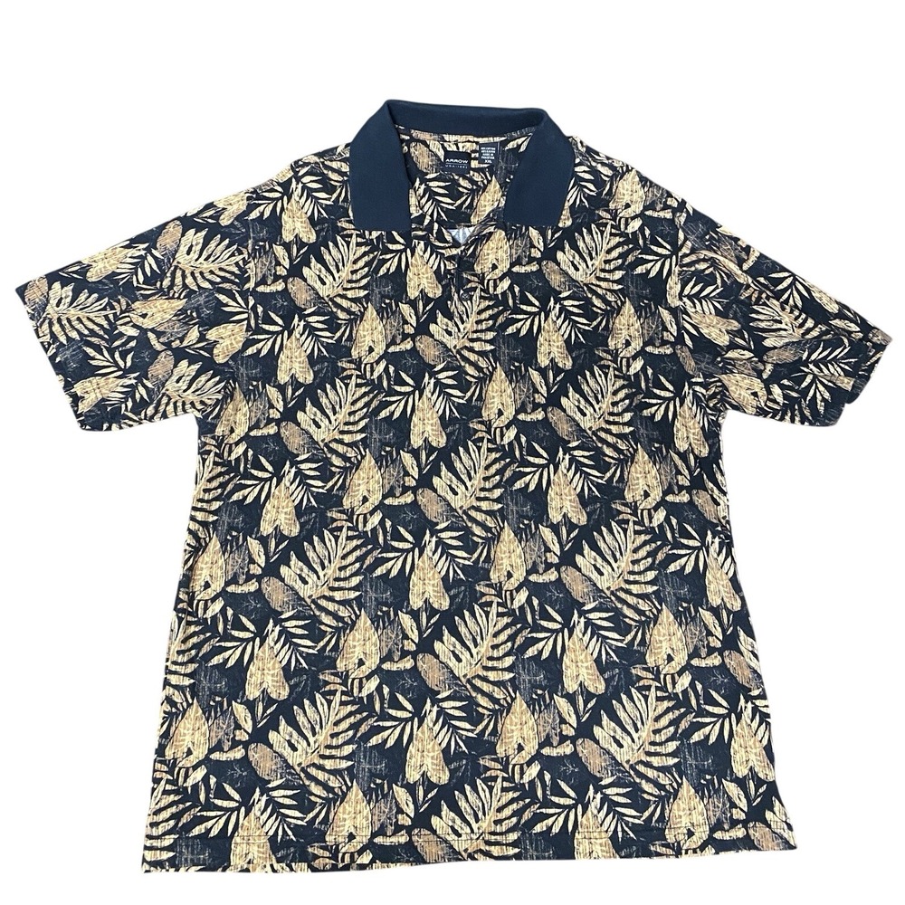 Arrow USA 1851 Men's XXL‎ Tropical Leaf Print Polo Shirt Navy Tan Cotton Rayon
